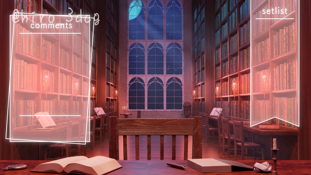 【動く!配信背景ループ】月明りが差し込む魔法図書館 研究部屋 図書室 ファンタジー 夜活 雑談配信 歌枠配信 Vtuberさんの配信背景に 窓 本棚 部屋 動く背景【配信部屋】