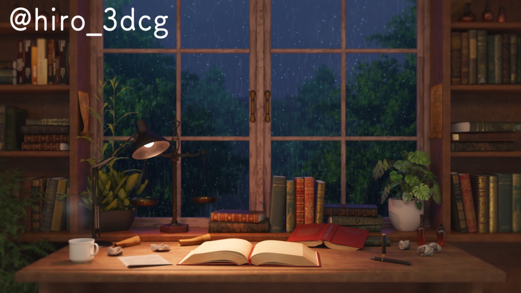 【動く!配信背景セット】雨の降る日の仕事部屋 デスク 梅雨 雨の日 窓から眺める雨 歌枠 雑談配信 Vtuberさんの配信背景に 窓 部屋 書斎 動く背景 【配信部屋】