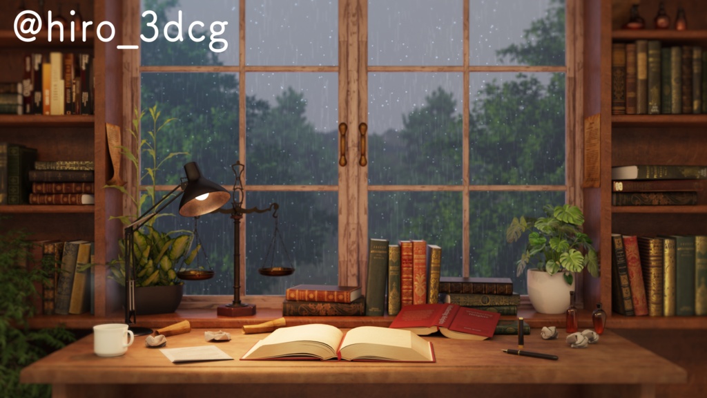 【動く!配信背景セット】雨の降る日の仕事部屋 デスク 梅雨 雨の日 窓から眺める雨 歌枠 雑談配信 Vtuberさんの配信背景に 窓 部屋 書斎 動く背景 【配信部屋】