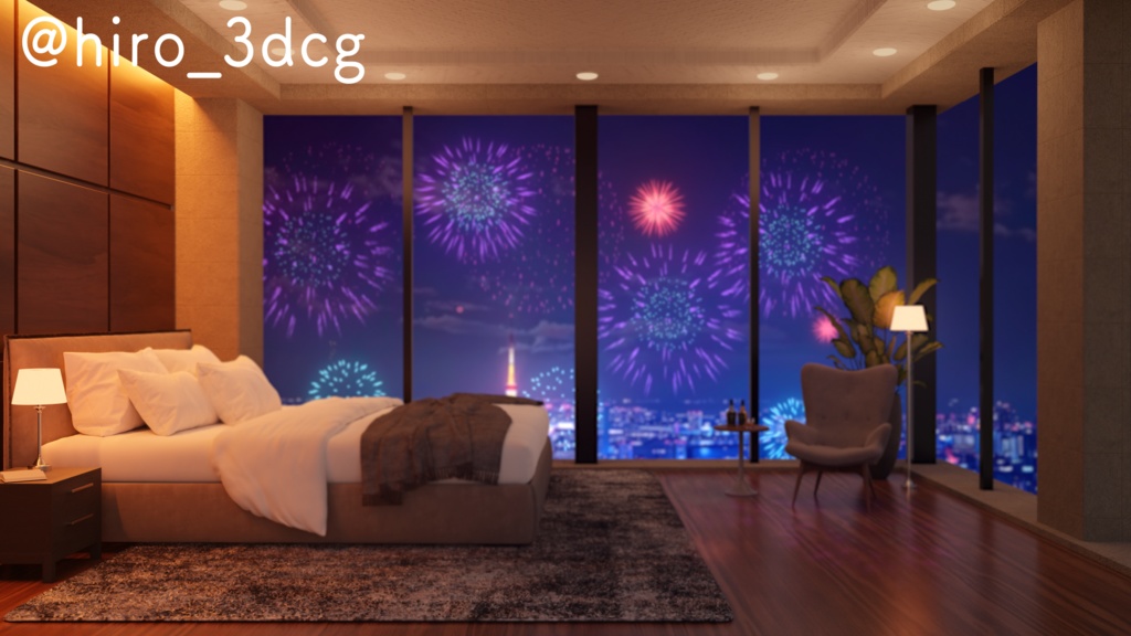 【動く!配信背景ループ】 寝室から眺める花火の夜景 東京の夜景 花火大会 高層ビル 寝室 タワマン Vtuberさんの配信背景に 窓 ベッド 部屋 動く背景【配信部屋】