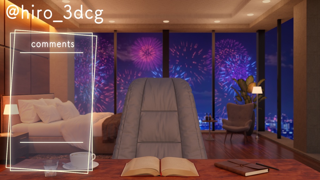 【動く!配信背景ループ】 寝室から眺める花火の夜景 東京の夜景 花火大会 高層ビル 寝室 タワマン Vtuberさんの配信背景に 窓 ベッド 部屋 動く背景【配信部屋】