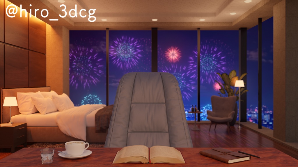 【動く!配信背景ループ】 寝室から眺める花火の夜景 東京の夜景 花火大会 高層ビル 寝室 タワマン Vtuberさんの配信背景に 窓 ベッド 部屋 動く背景【配信部屋】