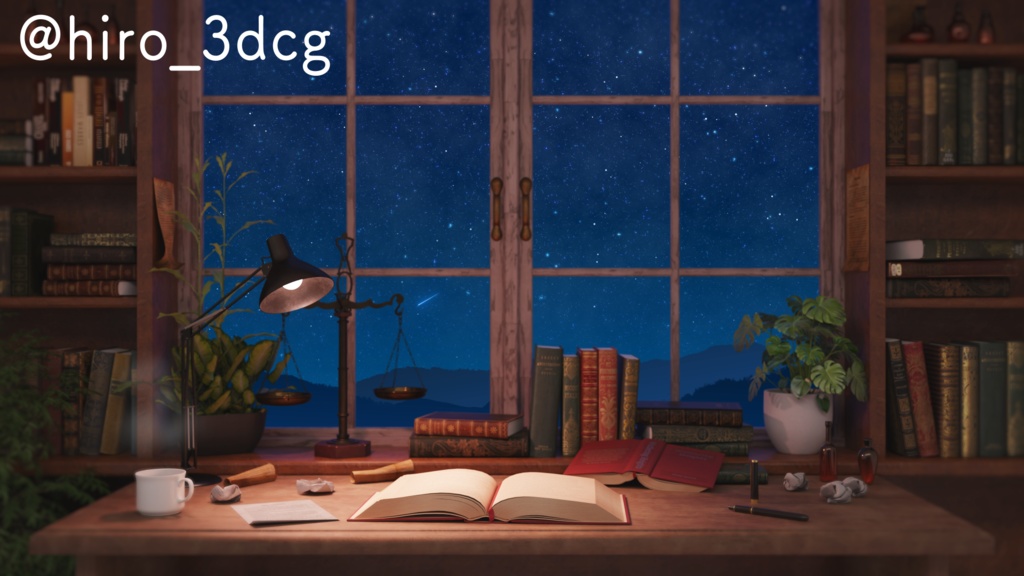 【動く!配信背景セット】窓から眺める流れ星 夜空 星空 流星群 夜活 デスク 歌枠 雑談配信 Vtuberさんの配信背景に 窓 部屋 書斎 動く背景 【配信部屋】