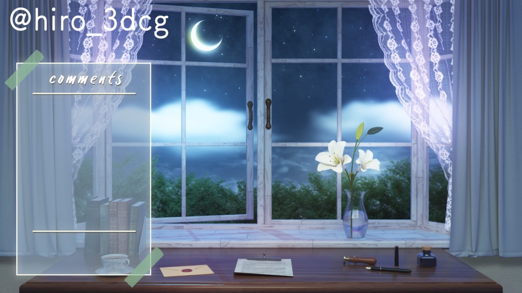 【動く!配信背景ループ】白百合の窓辺 窓から眺める月 書斎 ファンタジー 夜活 雑談配信 歌枠配信 Vtuberさんの配信背景に 窓 本棚 部屋 動く背景【配信部屋】