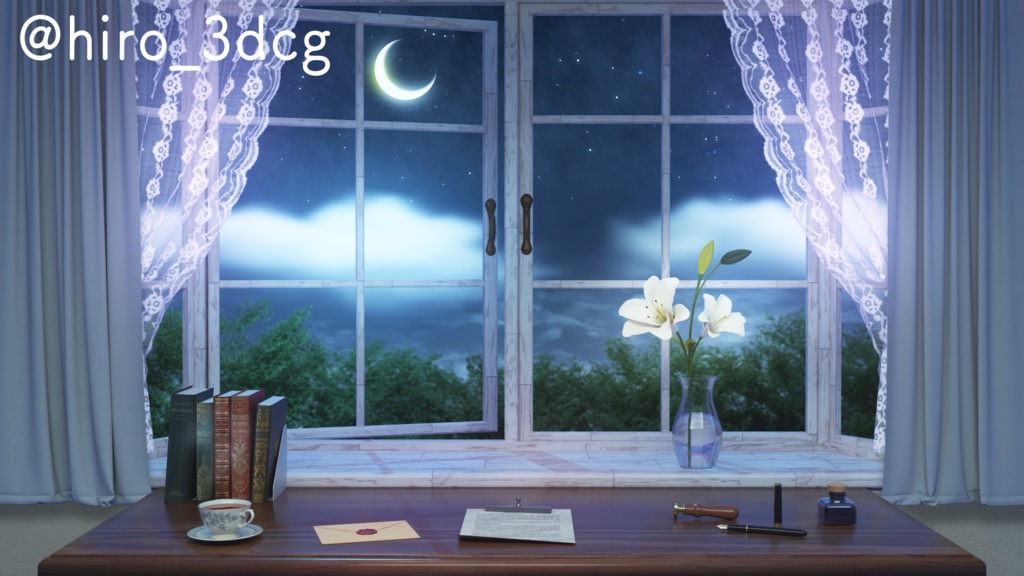【動く!配信背景ループ】白百合の窓辺 窓から眺める月 書斎 ファンタジー 夜活 雑談配信 歌枠配信 Vtuberさんの配信背景に 窓 本棚 部屋 動く背景【配信部屋】