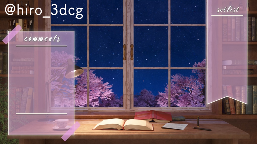 【動く!配信背景ループ】夜桜の見える書斎 窓から眺める桜 仕事部屋 図書室 ファンタジー 夜活 雑談配信 歌枠配信 Vtuberさんの配信背景に 窓 本棚 部屋 動く背景【配信部屋】