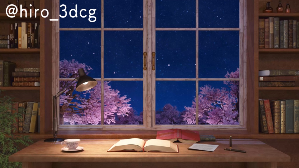 【動く!配信背景ループ】夜桜の見える書斎 窓から眺める桜 仕事部屋 図書室 ファンタジー 夜活 雑談配信 歌枠配信 Vtuberさんの配信背景に 窓 本棚 部屋 動く背景【配信部屋】