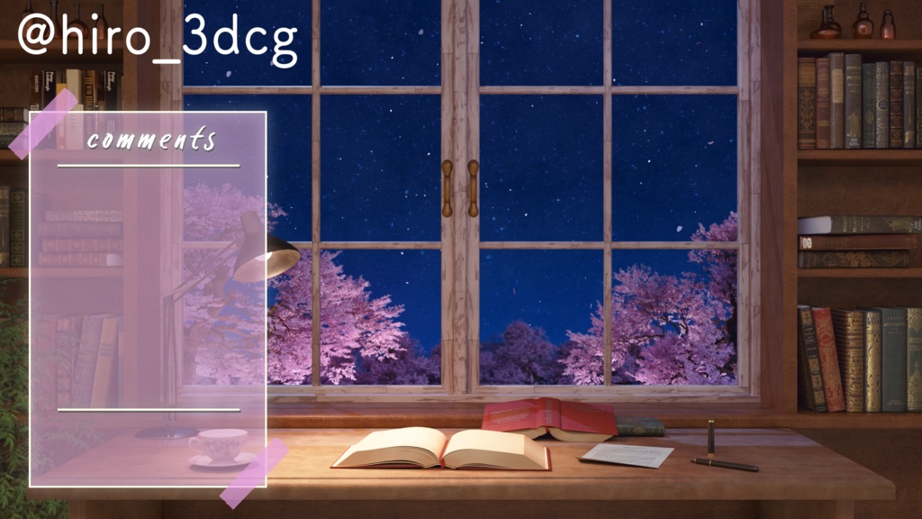 【動く!配信背景ループ】夜桜の見える書斎 窓から眺める桜 仕事部屋 図書室 ファンタジー 夜活 雑談配信 歌枠配信 Vtuberさんの配信背景に 窓 本棚 部屋 動く背景【配信部屋】