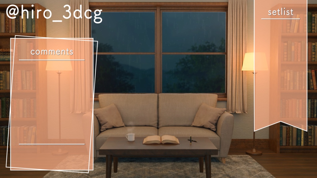 【動く!配信背景セット】雨の降る日の読書部屋 デスク 梅雨 雨の日 窓から眺める雨 歌枠 雑談配信 Vtuberさんの配信背景に 窓 部屋 書斎 動く背景 【配信部屋】