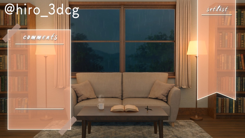 【動く!配信背景セット】雨の降る日の読書部屋 デスク 梅雨 雨の日 窓から眺める雨 歌枠 雑談配信 Vtuberさんの配信背景に 窓 部屋 書斎 動く背景 【配信部屋】