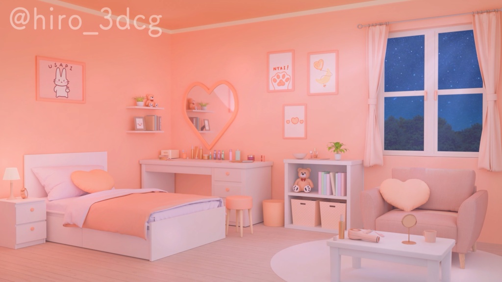 【動く!配信画面セット】月明かりが差し込むハートのお部屋4色セット|窓辺 寝室 可愛い 流れ星 星空|雑談・歌枠にピッタリ!Vtuber用配信部屋