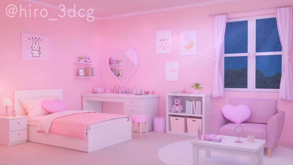 【動く!配信画面セット】月明かりが差し込むハートのお部屋4色セット|窓辺 寝室 可愛い 流れ星 星空|雑談・歌枠にピッタリ!Vtuber用配信部屋