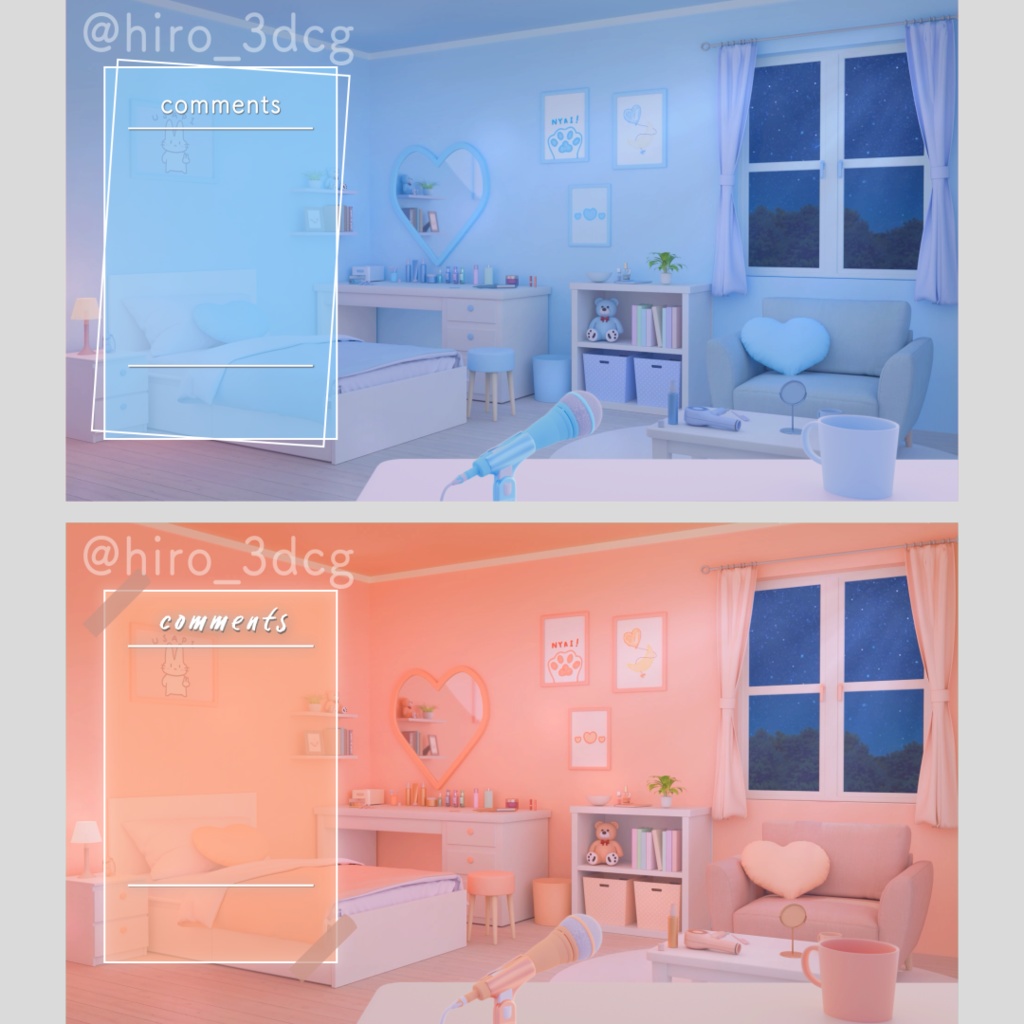 【動く!配信画面セット】月明かりが差し込むハートのお部屋4色セット|窓辺 寝室 可愛い 流れ星 星空|雑談・歌枠にピッタリ!Vtuber用配信部屋