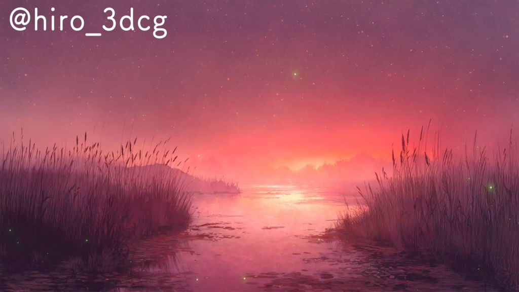 【動く!配信画面セット】蛍舞う幻想的な湿原 夕焼け 星空 夜空 ファンタジー 湖 自然 配信背景