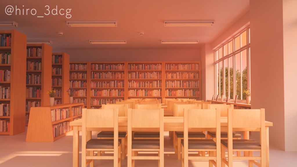 【動く!配信画面セット】夕日が差し込む図書室|雑談・歌枠にピッタリ! Vtuber用配信部屋 学校 図書館 夕焼け ノスタルジック 学校背景