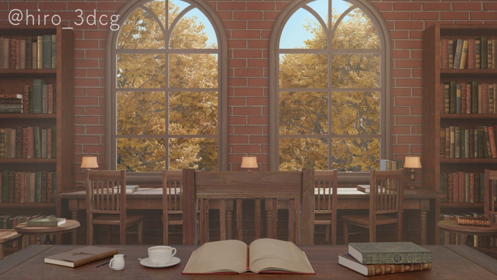 【動く!配信画面セット】陽が差し込む秋のブックカフェ|雑談・歌枠にピッタリ! Vtuber用配信部屋 紅葉 図書館 ファンタジー
