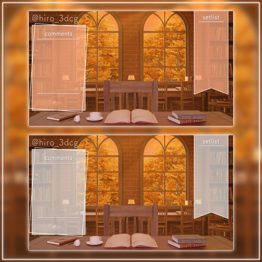 【動く!配信画面セット】夕日が差し込む秋のブックカフェ|雑談・歌枠にピッタリ! Vtuber用配信部屋 紅葉 夕焼け 図書館 ファンタジー