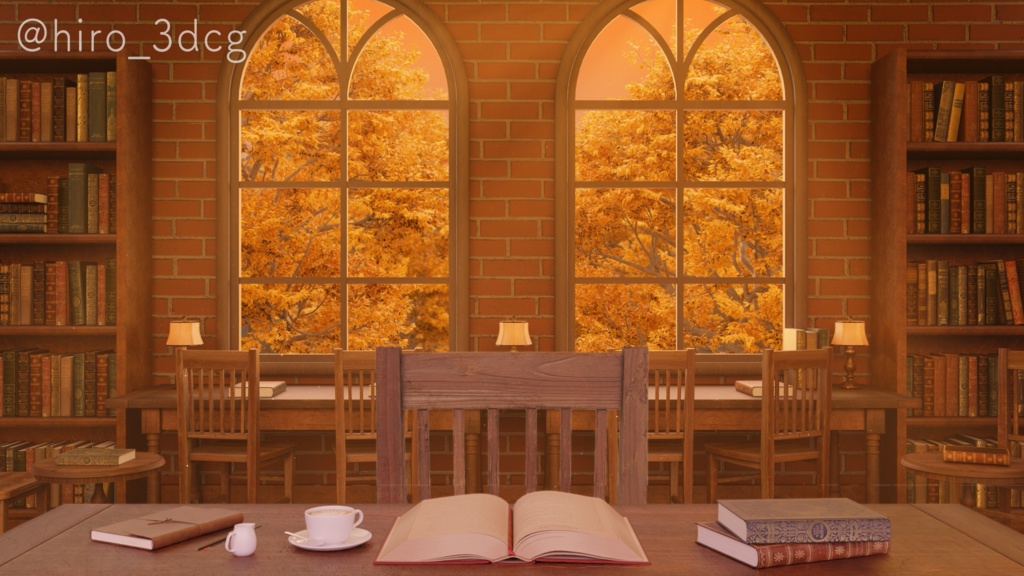 【動く!配信画面セット】夕日が差し込む秋のブックカフェ|雑談・歌枠にピッタリ! Vtuber用配信部屋 紅葉 夕焼け 図書館 ファンタジー
