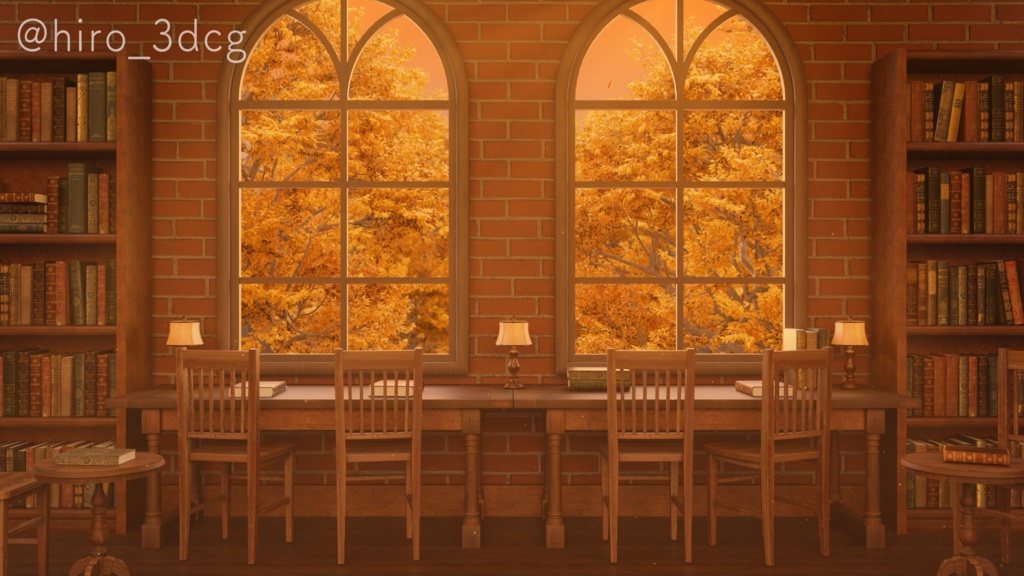 【動く!配信画面セット】夕日が差し込む秋のブックカフェ|雑談・歌枠にピッタリ! Vtuber用配信部屋 紅葉 夕焼け 図書館 ファンタジー