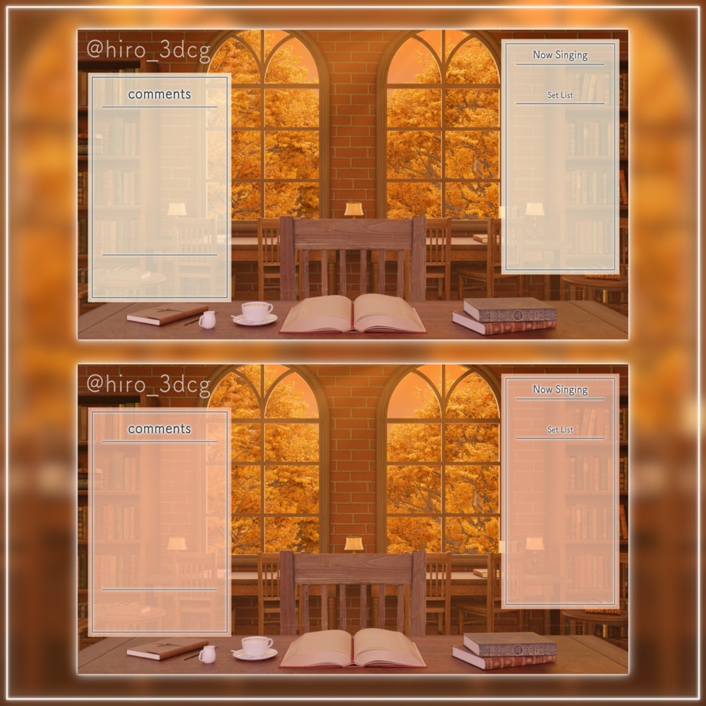 【動く!配信画面セット】夕日が差し込む秋のブックカフェ|雑談・歌枠にピッタリ! Vtuber用配信部屋 紅葉 夕焼け 図書館 ファンタジー