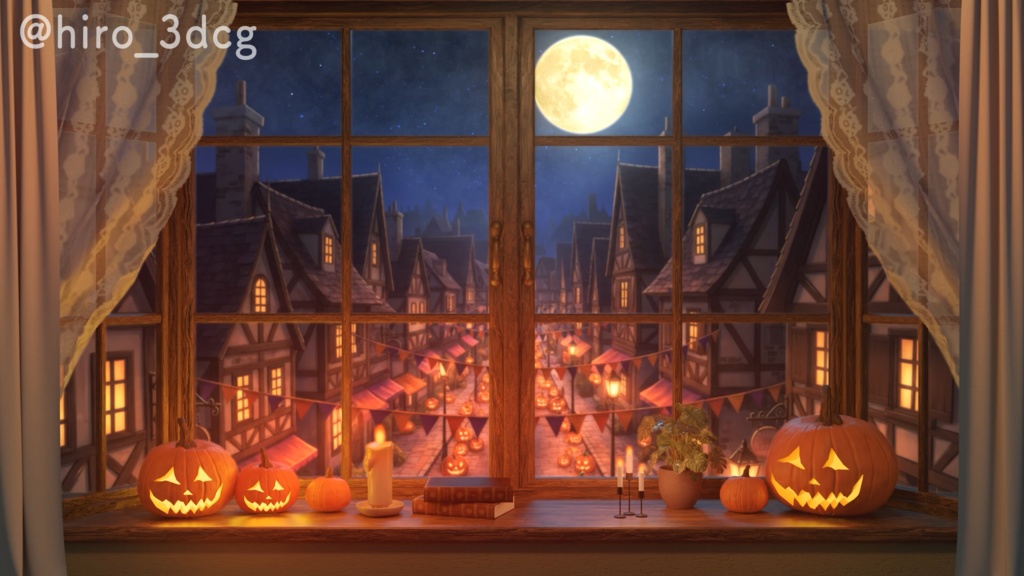 【ハロウィン配信】窓から眺めるハロウィンの街並み – VTuber配信用背景セット(ループ動画・待機画面・コメント枠セットリスト枠付き)