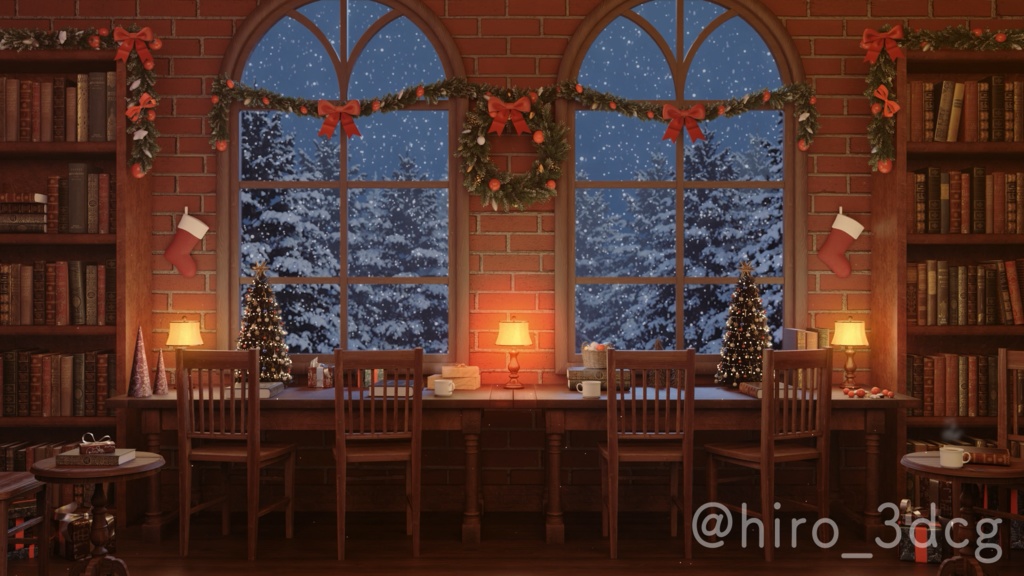 【動く!クリスマス配信画面セット】雪降る聖夜のブックカフェ クリスマスツリー 歌枠 雑談配信 Vtuberさんの配信背景に 冬【配信部屋】