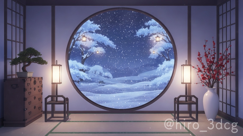 【動く背景-待機画面】雪が降る丸窓の和室 - 配信画面フルセット【待機画面/コメント枠/雑談・歌枠/Vtuber】