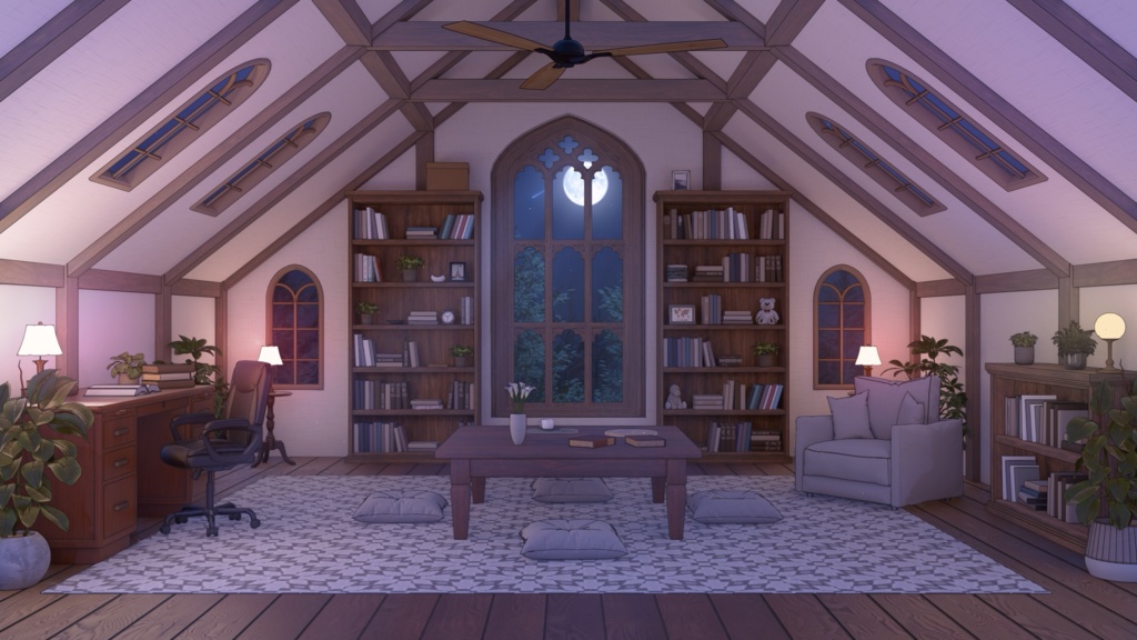 【動く背景-待機画面】月明かりの屋根裏書斎 - 配信画面フルセット【待機画面/コメント枠/雑談・歌枠/Vtuber】