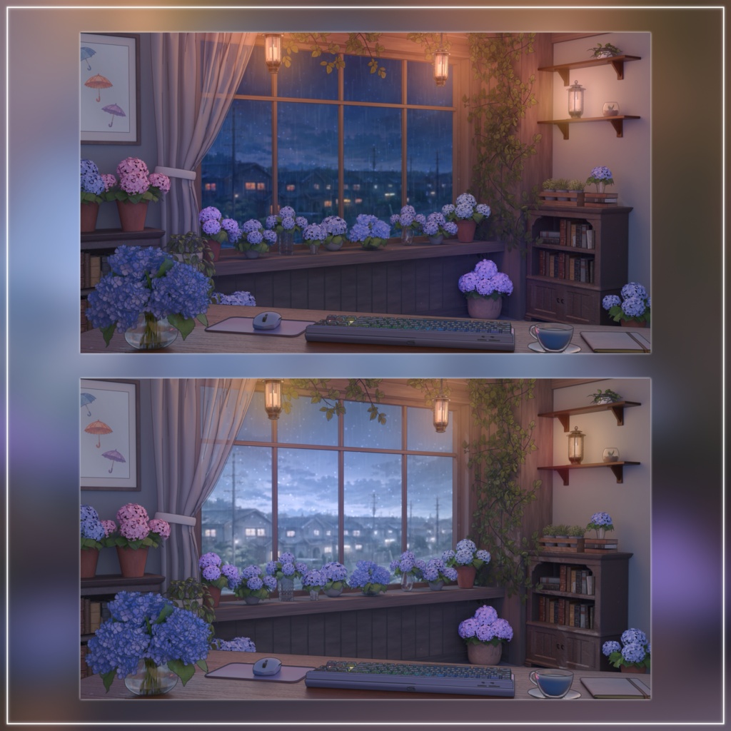 【動く背景-待機画面】雨音と紫陽花の配信部屋 - 梅雨の配信画面フルセット【待機画面/コメント枠/雑談・歌枠/Vtuber】