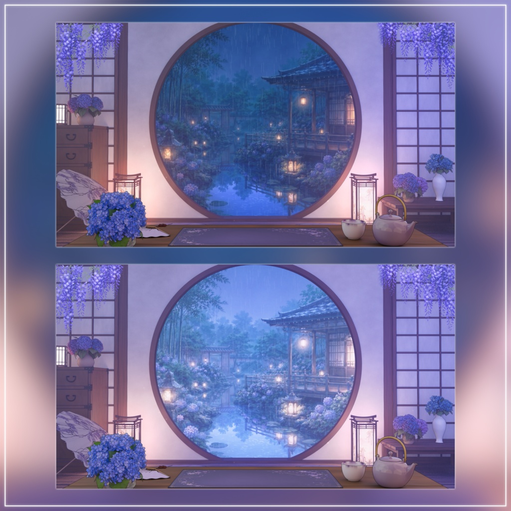 【動く背景-待機画面】雨降る紫陽花の和室 - 丸窓和室 梅雨の配信画面フルセット【昼夜ver/待機画面/コメント枠/雑談・歌枠/Vtuber】
