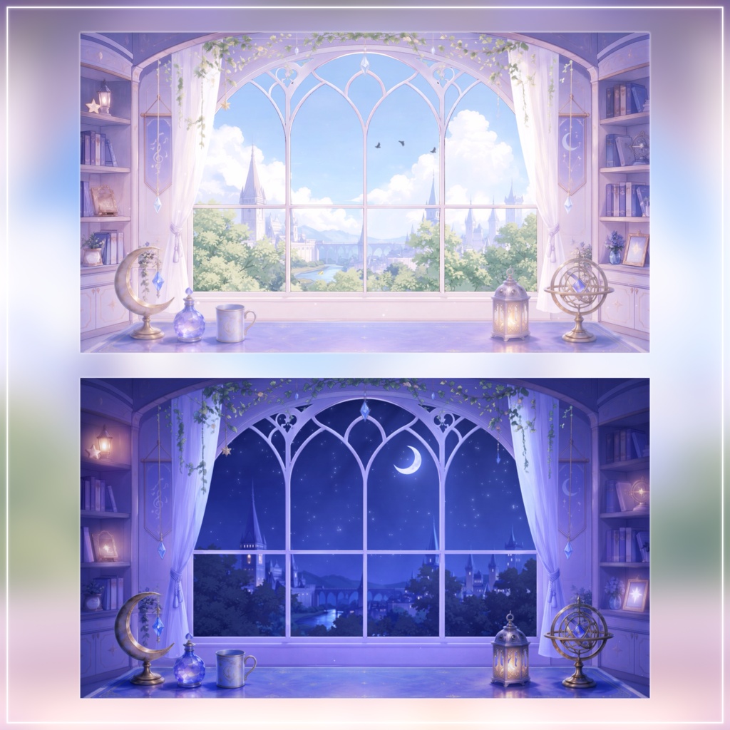 【動く背景-待機画面】星月の魔法書斎|朝活配信画面フルセット【昼夜展開/待機画面/コメント枠/雑談・歌枠/Vtuber素材】