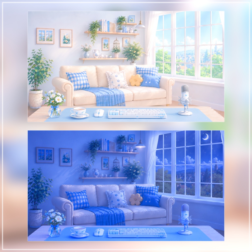 【動く背景-待機画面】陽の光が差し込むリビング|朝活配信画面フルセット【昼&夜/待機画面/コメント枠/雑談・歌枠/Vtuber素材】