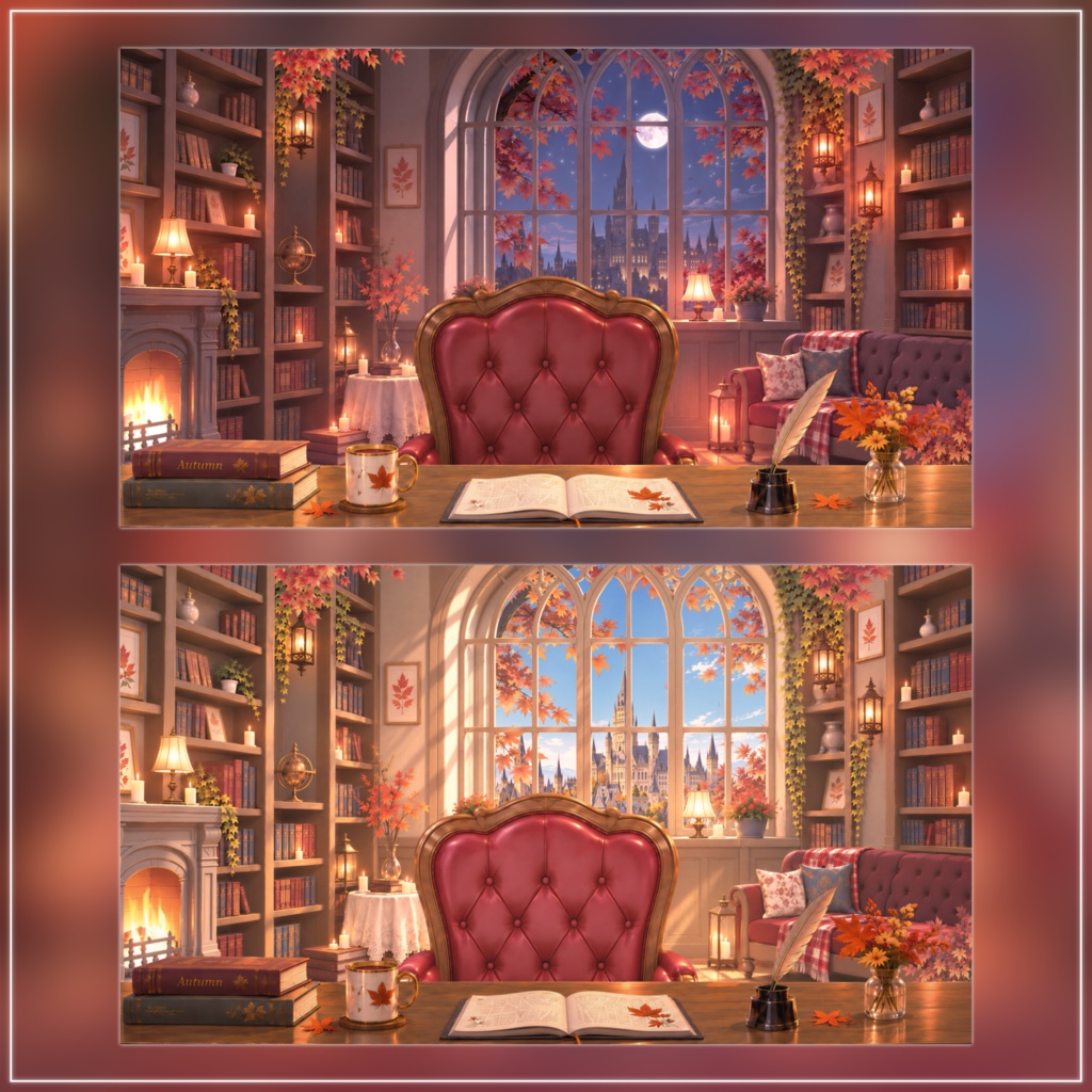 【動く背景-待機画面】月明かりと紅葉の書斎|秋の配信画面フルセット【昼&夜展開/待機画面/コメント枠/雑談・歌枠/Vtuber素材】