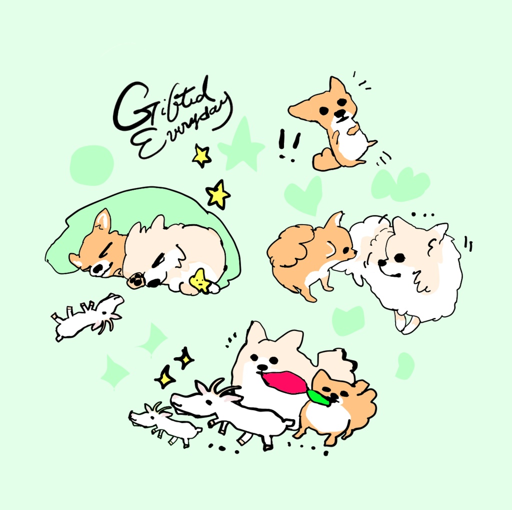 缶ミラー グリーンとピンク75mm/ヤギさん好きのポメポメチワワンちゃん