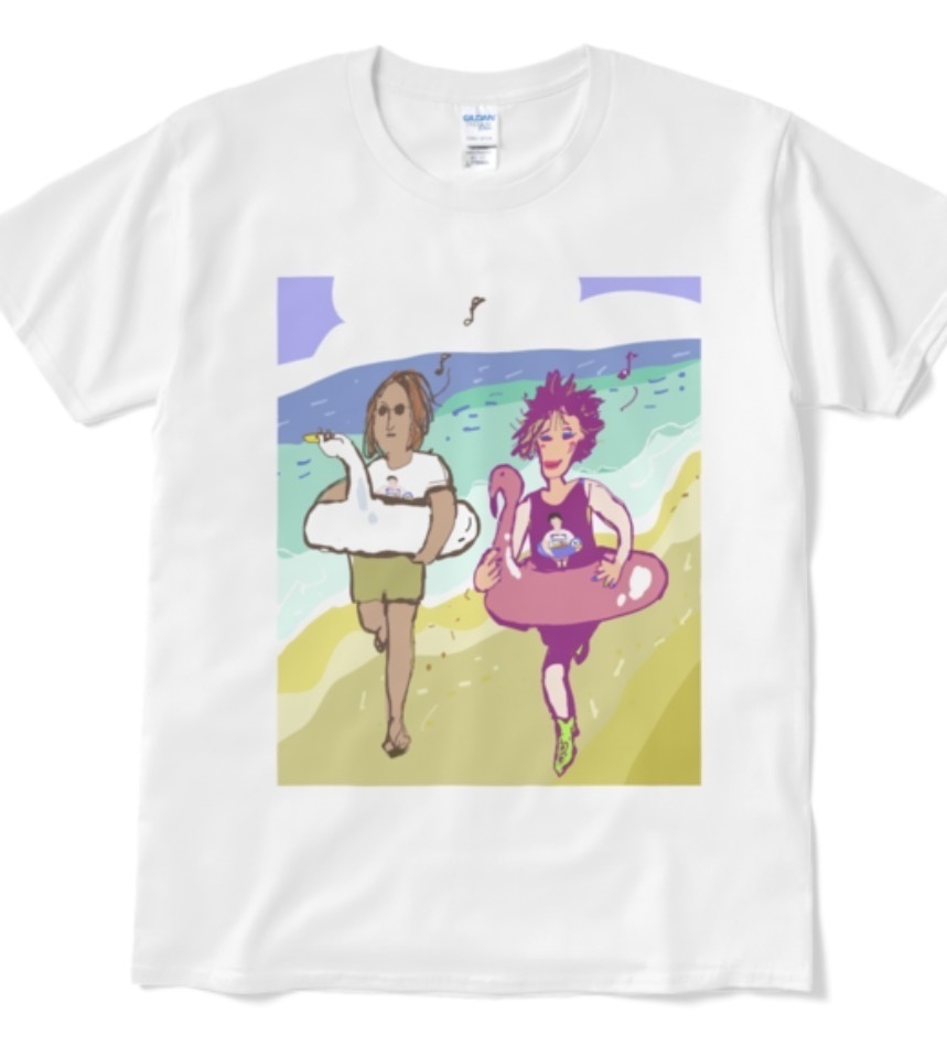 パラダイスおじさん白T前面プリント2種類 塗り絵風とカラー