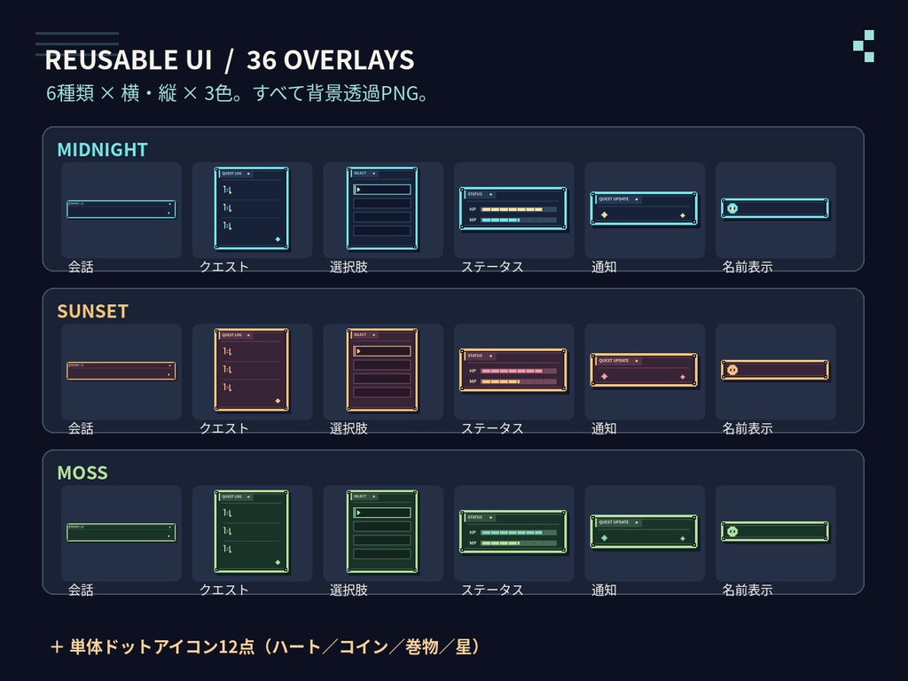 レトロRPG風 配信・動画UI素材48点|会話・選択肢・通知・クエスト【透過PNG/縦横対応】