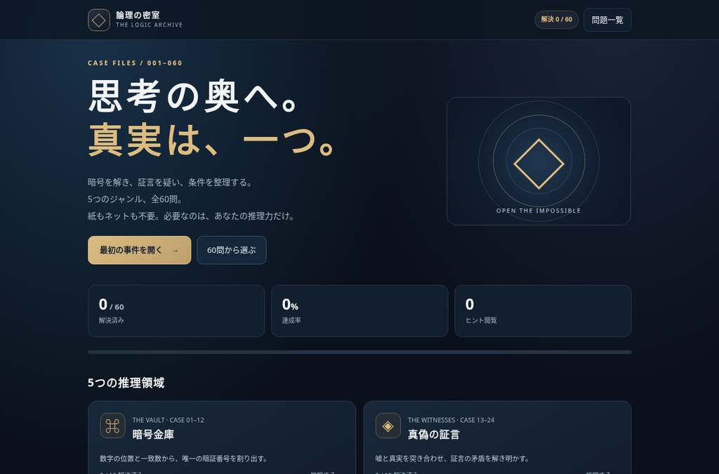 論理の密室｜全60問の大人向け論理パズル・推理ゲーム【PCブラウザ／オフライン】