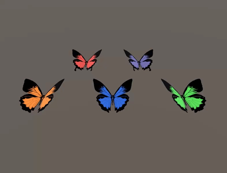 蝶(オオルリアゲハ)のローポリ3Dモデル△8ポリゴン、テクスチャ5色、UnityのAnimation付【オリジナル3Dモデル】