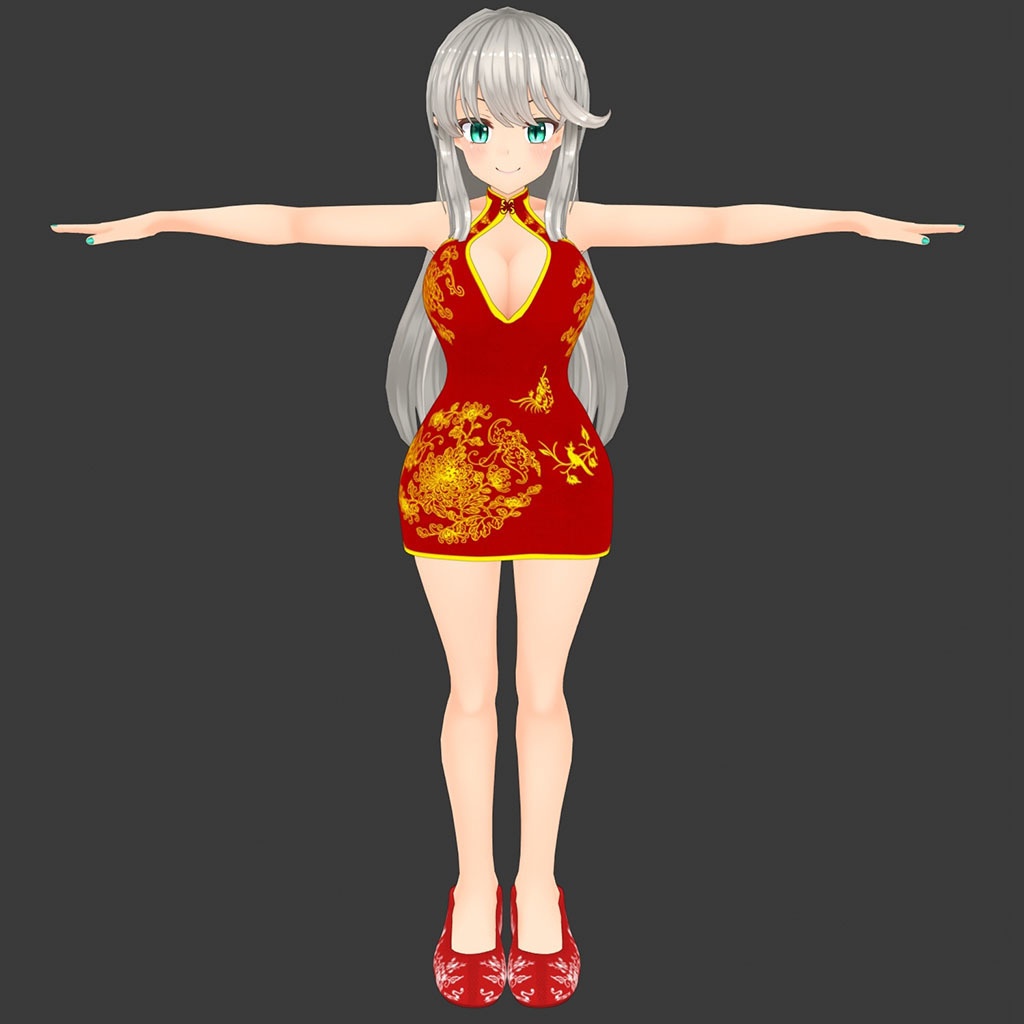 【Unity2019のCloth対応】シルヴィアちゃん素体用の衣装、ミニチャイナドレス(赤、黒)、靴(赤、黒)、ロングチャイナドレス