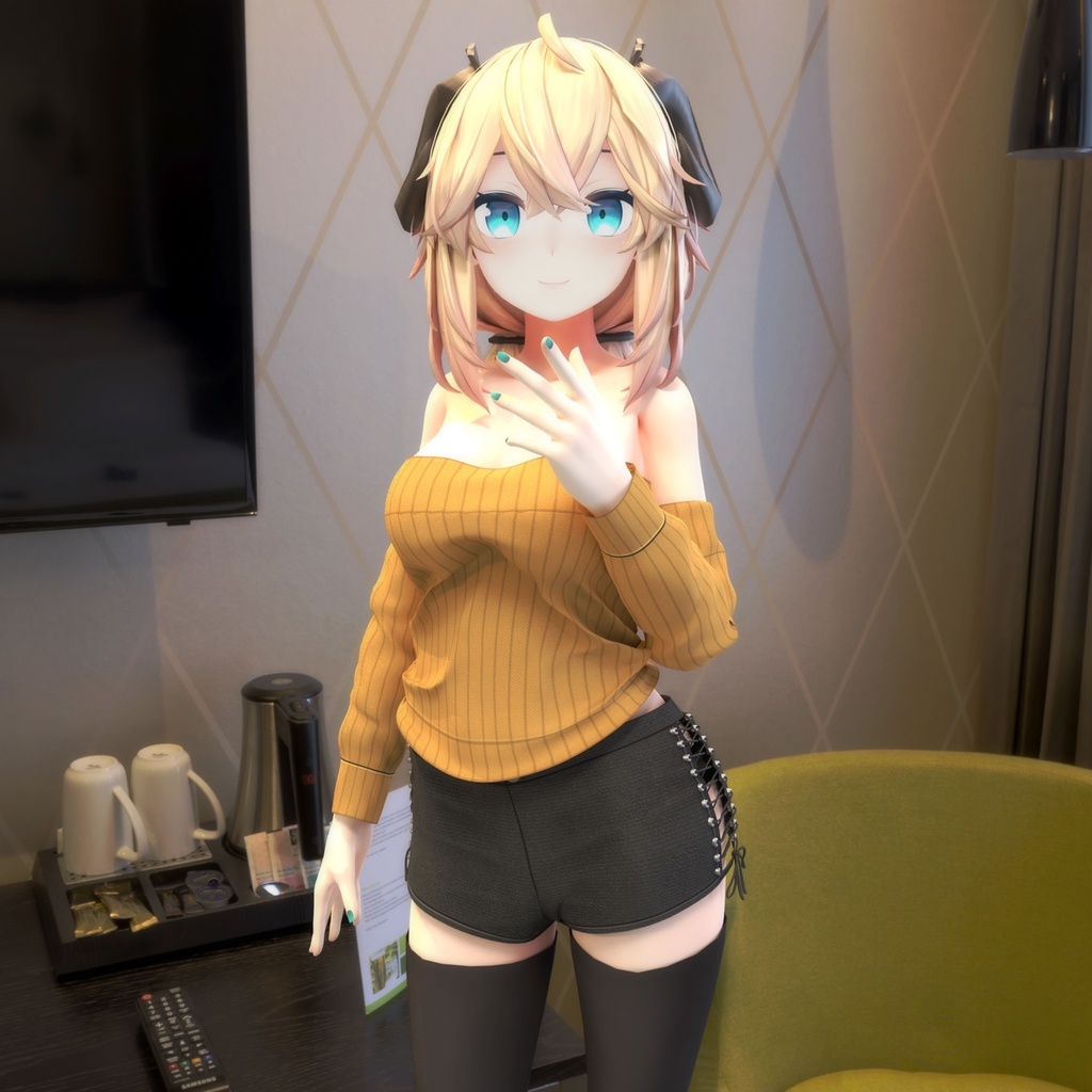 メリノ用衣装、オフショルダーセーター、編み上げショートパンツ