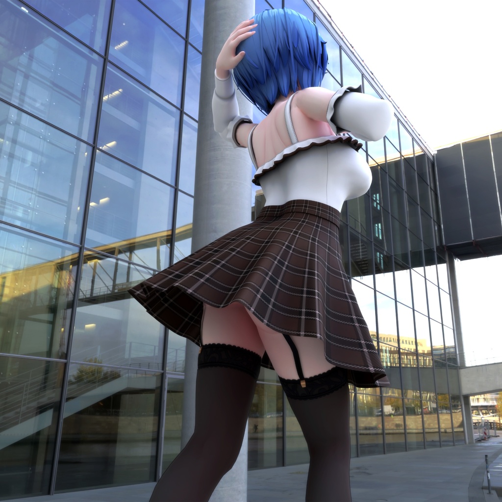 イメリス用衣装、プリティカジュアルコーデ(オフショルダーブラウス、胸元フリル、オフショルダー袖、チェック柄フレアスカート)