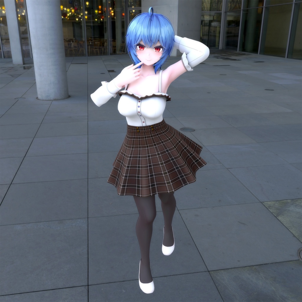 イメリス用衣装、プリティカジュアルコーデ(オフショルダーブラウス、胸元フリル、オフショルダー袖、チェック柄フレアスカート)