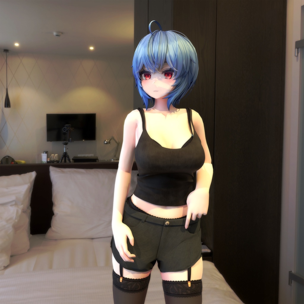 イメリス用の衣装、ルームウェア(タンクトップ4色入り、ショートパンツ)、追加でチェック柄のショートパンツ1本