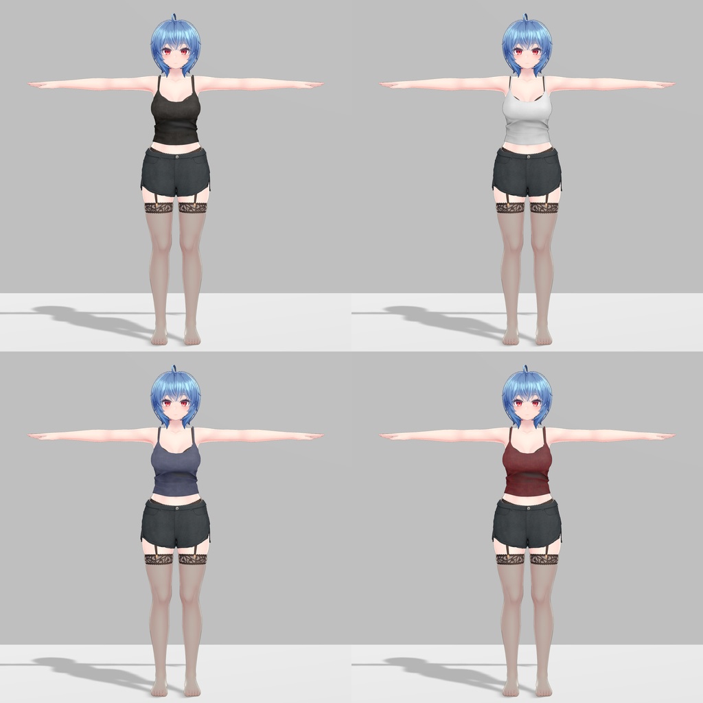 イメリス用の衣装、ルームウェア(タンクトップ4色入り、ショートパンツ)、追加でチェック柄のショートパンツ1本