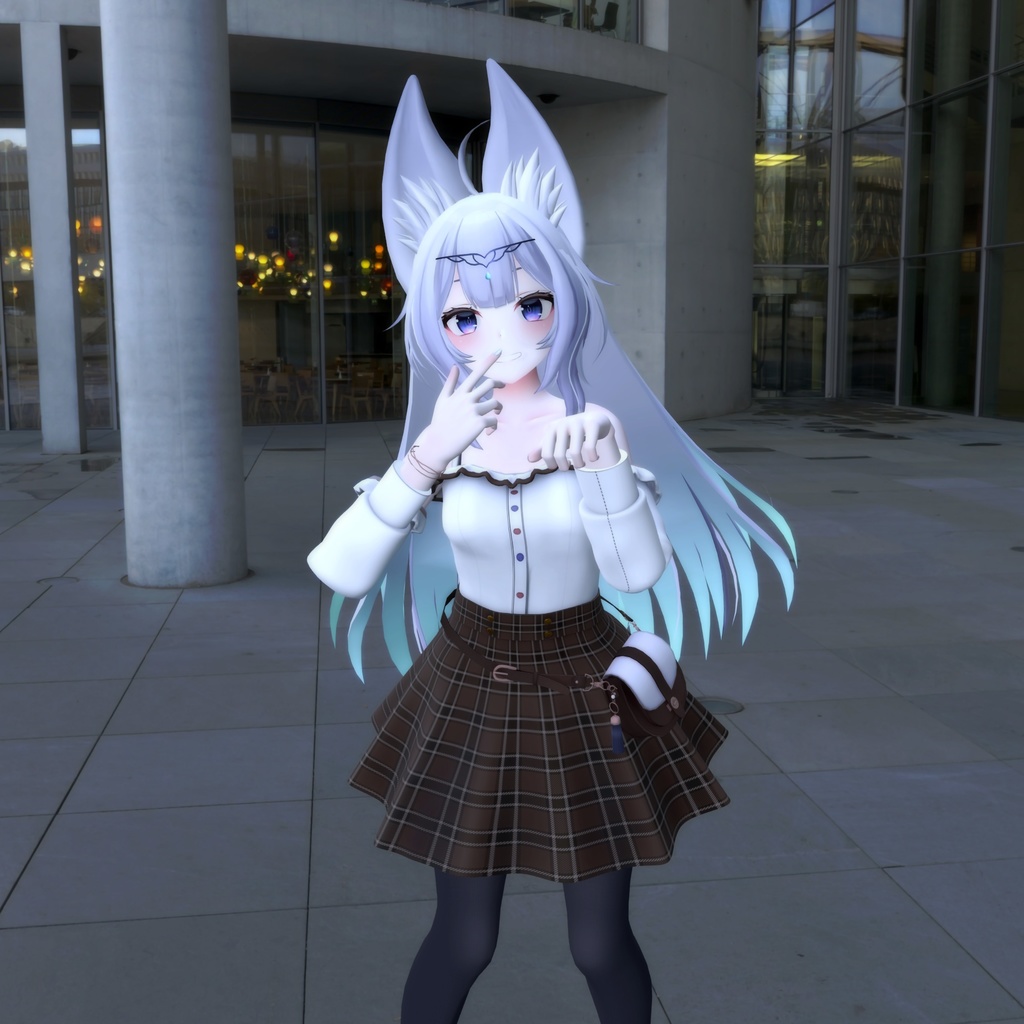 【PB対応】「ウルフェリア」用衣装、プリティカジュアルコーデ(オフショルダーブラウス、胸元フリル、オフショルダー袖、チェック柄フレアスカート)