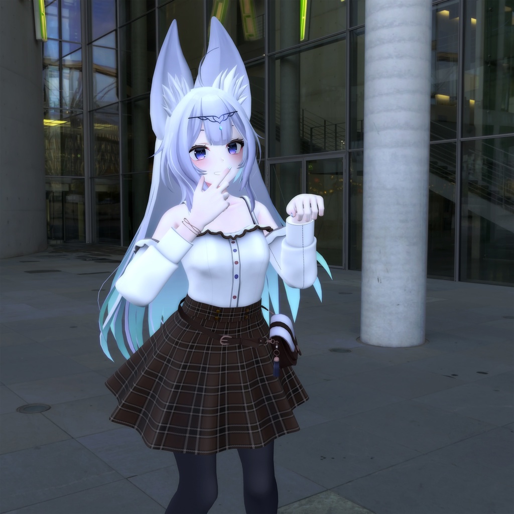 【PB対応】「ウルフェリア」用衣装、プリティカジュアルコーデ(オフショルダーブラウス、胸元フリル、オフショルダー袖、チェック柄フレアスカート)