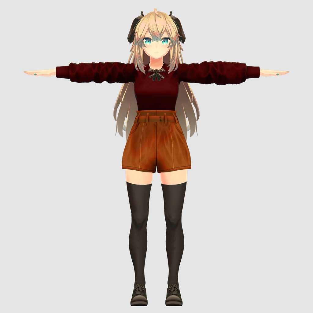 メリノ用衣装、秋服コーデ、長袖のブローチ付きブラウスとハイウエストショートパンツ