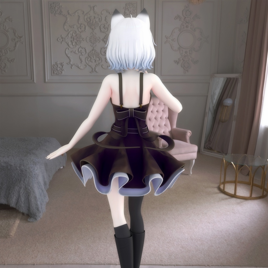 【PB対応/Liltoon】「ヨール -Yawl-」「狐薄」用の衣装、フレアスカートワンピース(黒と白の2色入り)※PSDファイルにピンクと青を追加