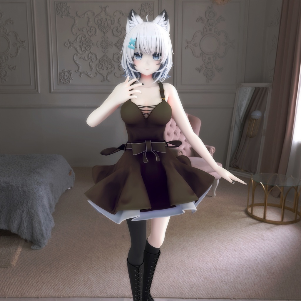 【PB対応/Liltoon】「ヨール -Yawl-」「狐薄」用の衣装、フレアスカートワンピース(黒と白の2色入り)※PSDファイルにピンクと青を追加