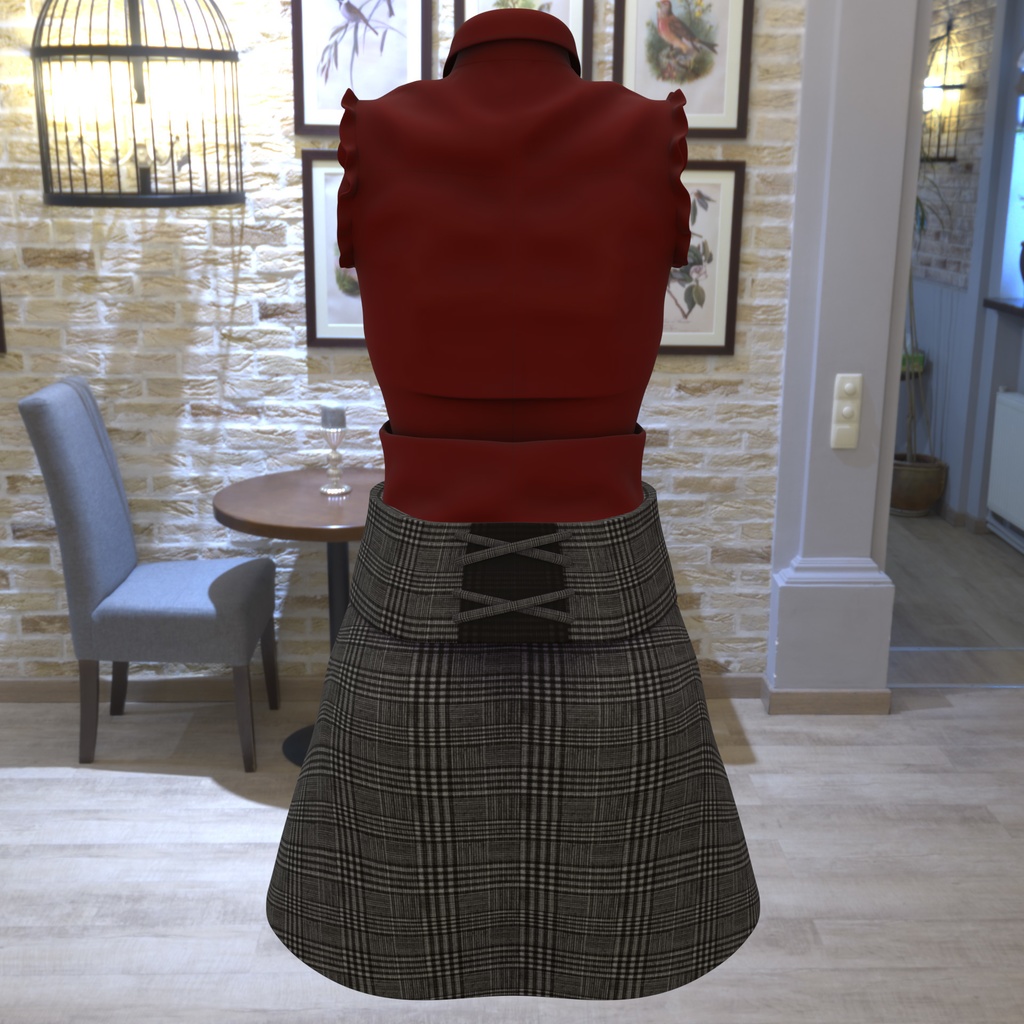 まりえる用の衣装、フリル付きノースリーブブラウス(5色入り)、ハート型の装飾付リボン(黒、赤)、ミニタイトスカート